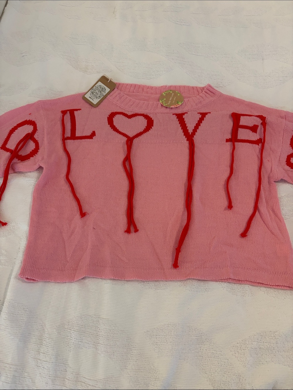 Pink Crewneck Sweater with Red 'LOVE' Tassel Detail
